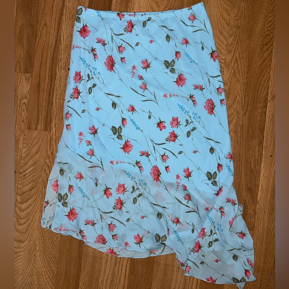 Vintage 90s Blue floral asymmetrical flowy skirt with pink accents - Picture 3 of 10